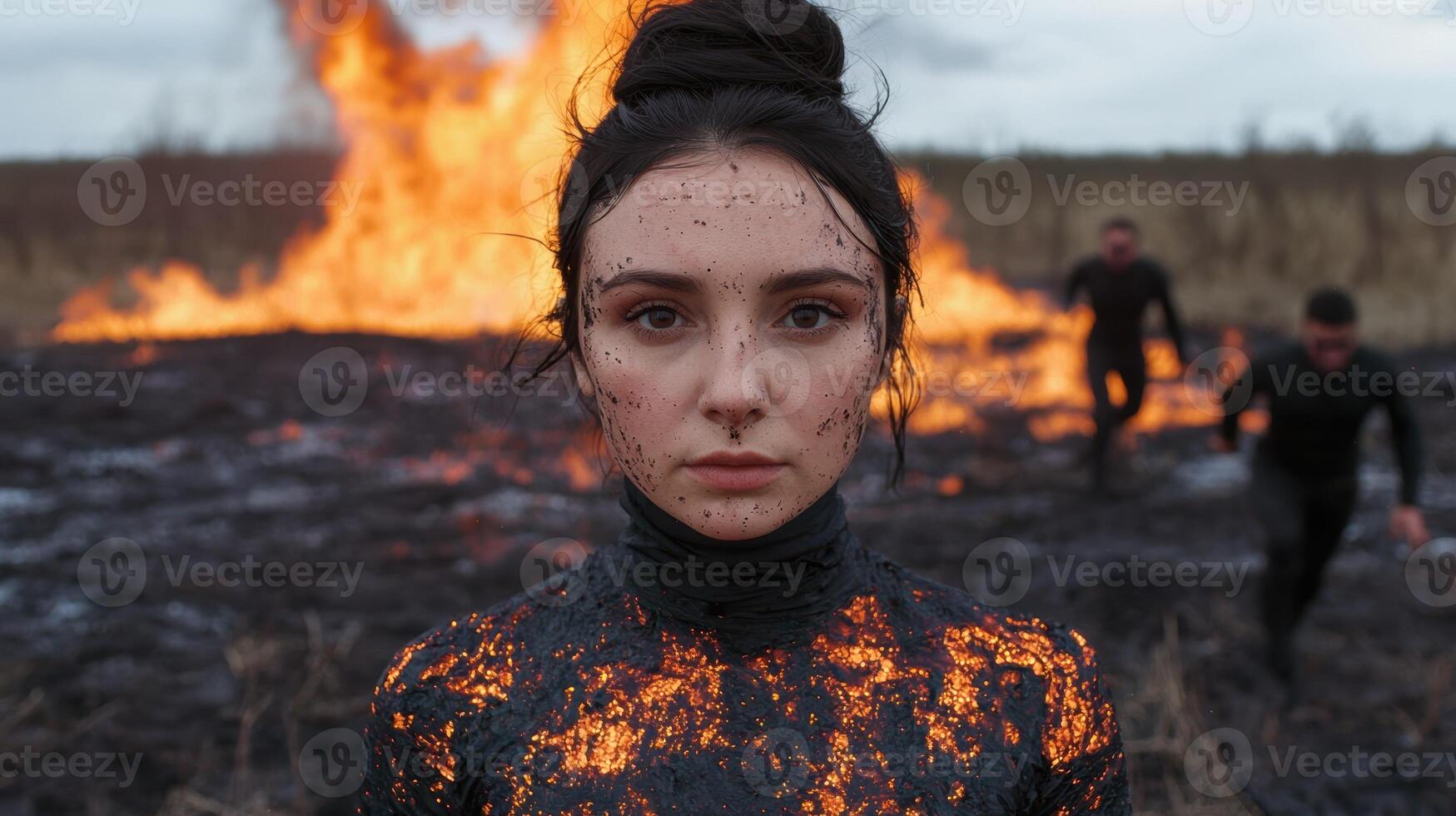 Woman covered in mud and embers stands before a fire photo