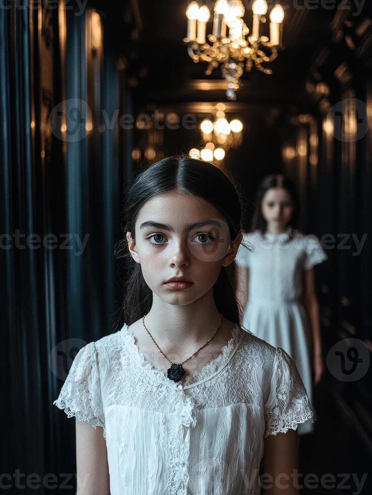 Mysterious girl in white dress in a dark hallway photo