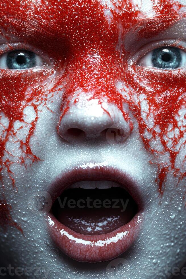 Closeup of a face with red paint, cracked and bleeding effect photo