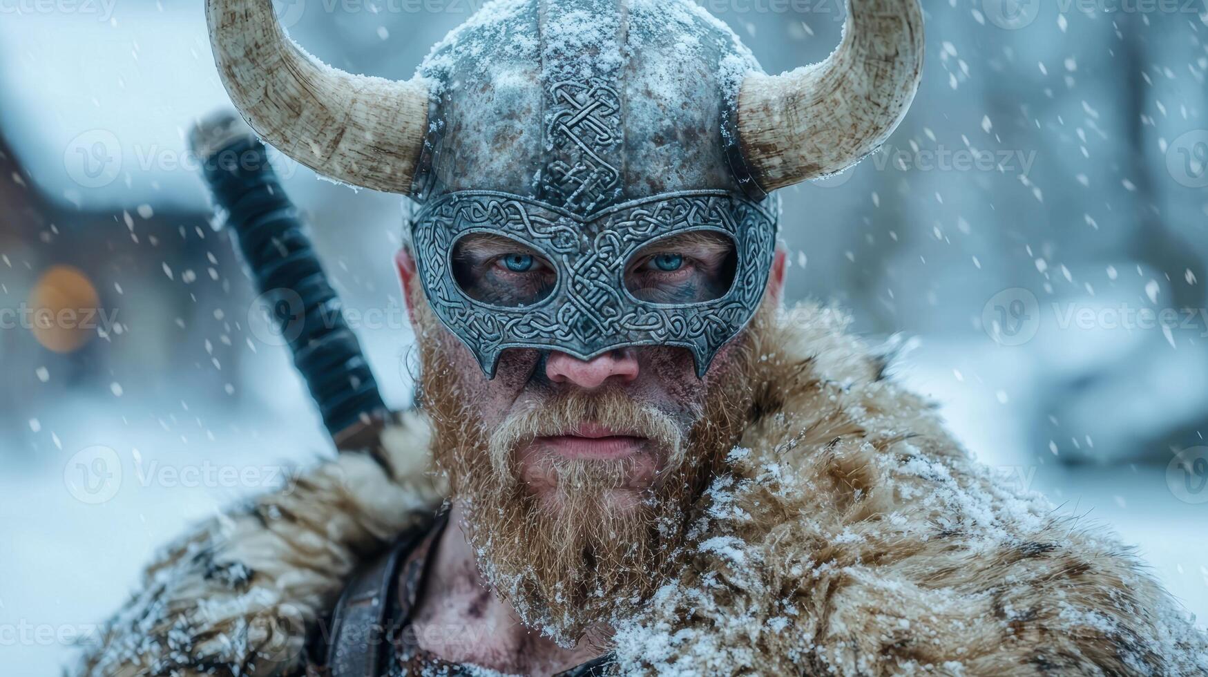 Portrait of a fierce warrior in a horned helmet, snow falling photo