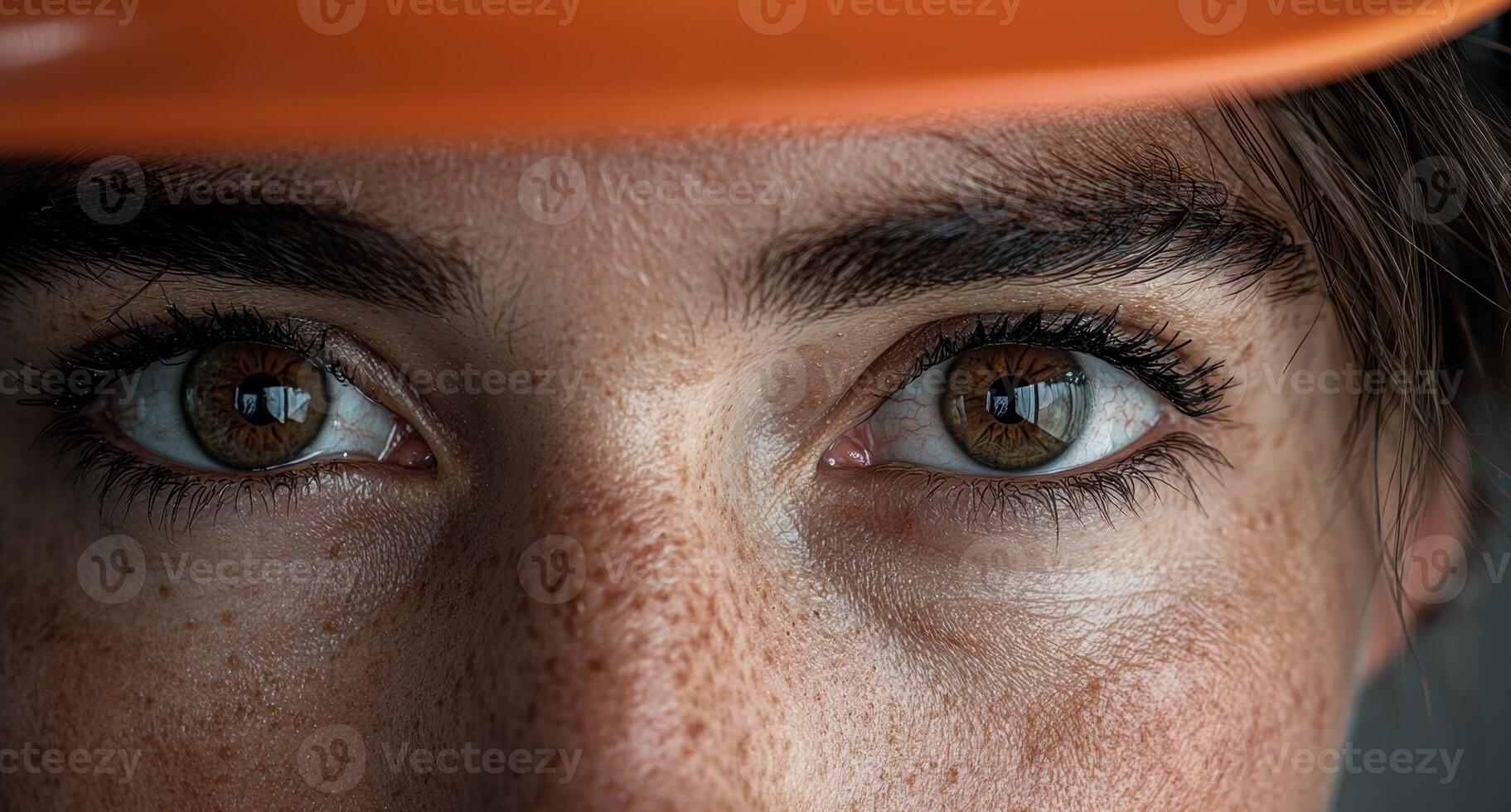 Close up of a womans eyes with freckles, wearing an orange hard hat photo