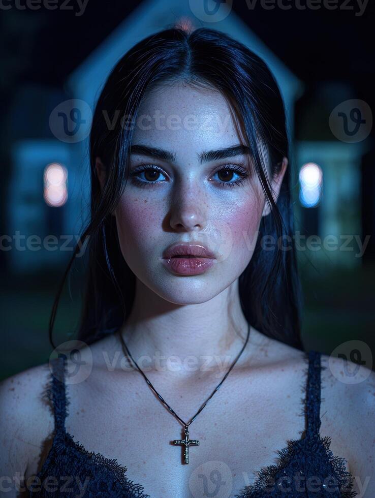 Mysterious woman with cross necklace at night photo