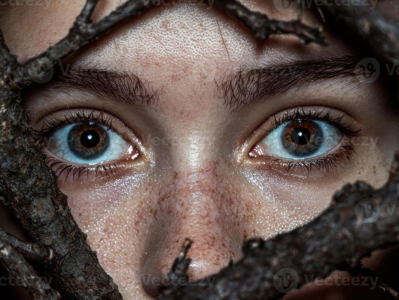 Close up of a womans eyes framed by branches photo