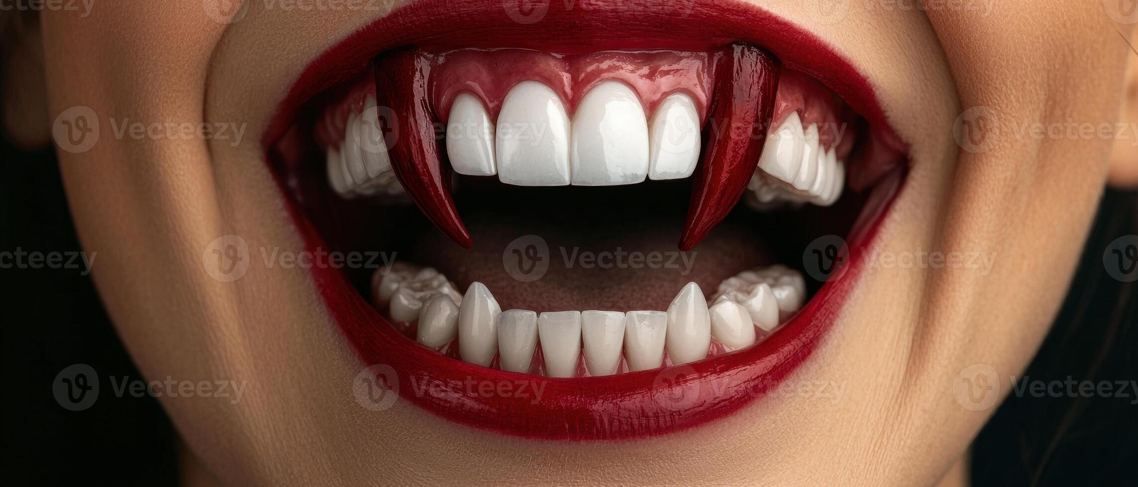 Closeup of a womans mouth with vampire fangs and red lipstick photo