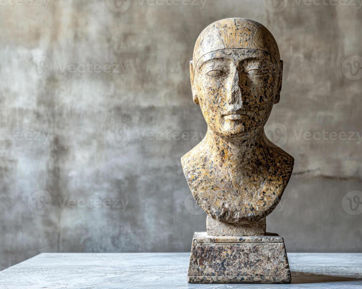 Ancient stone bust of a person on a marble table photo