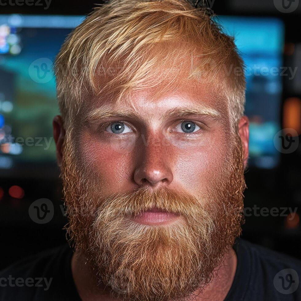 Close up portrait of a man with a ginger beard and blond hair photo