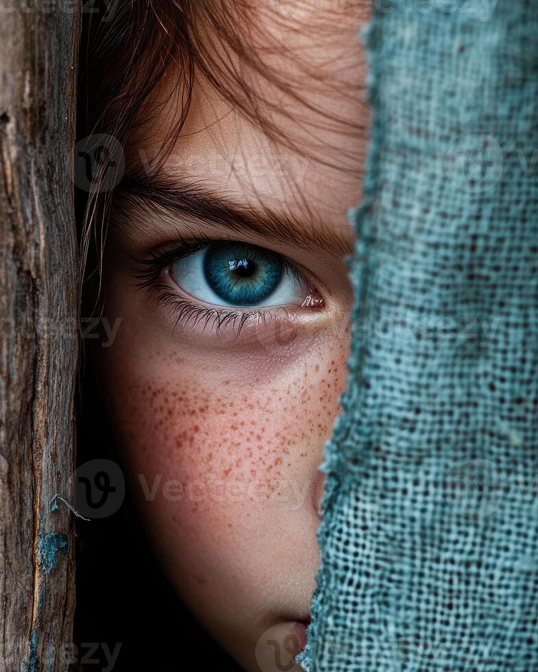Close up portrait of a childs eye peeking from behind a textured fabric photo