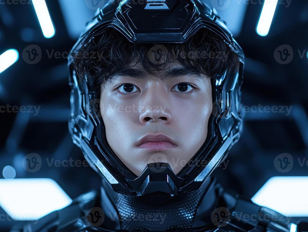 Close up portrait of a futuristic soldier in a high tech helmet photo
