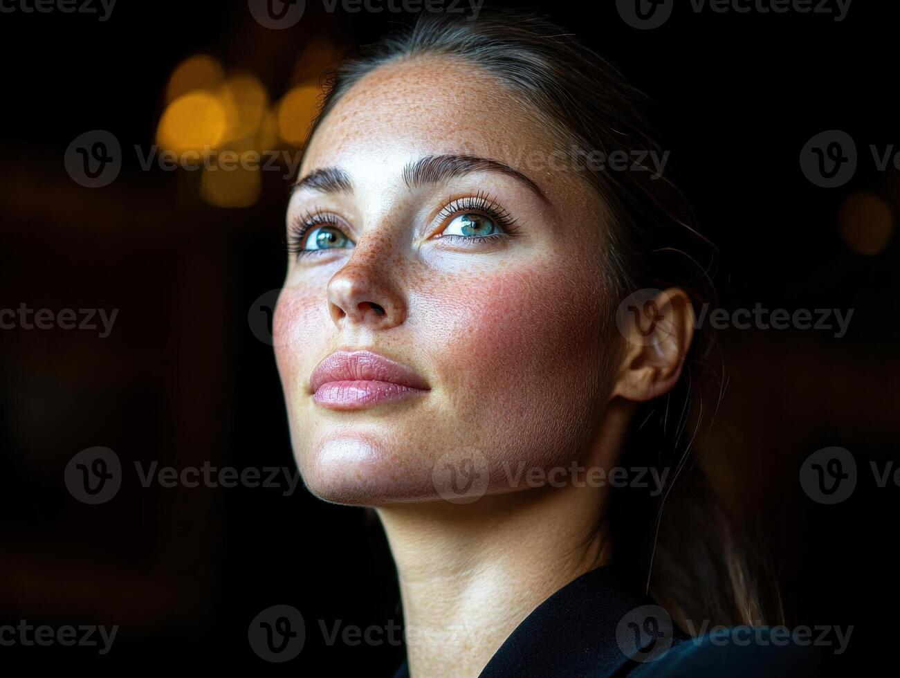 Close up portrait of a woman with freckles looking up photo