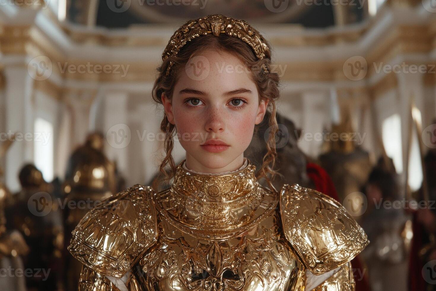 Young woman in golden armor, regal portrait. photo