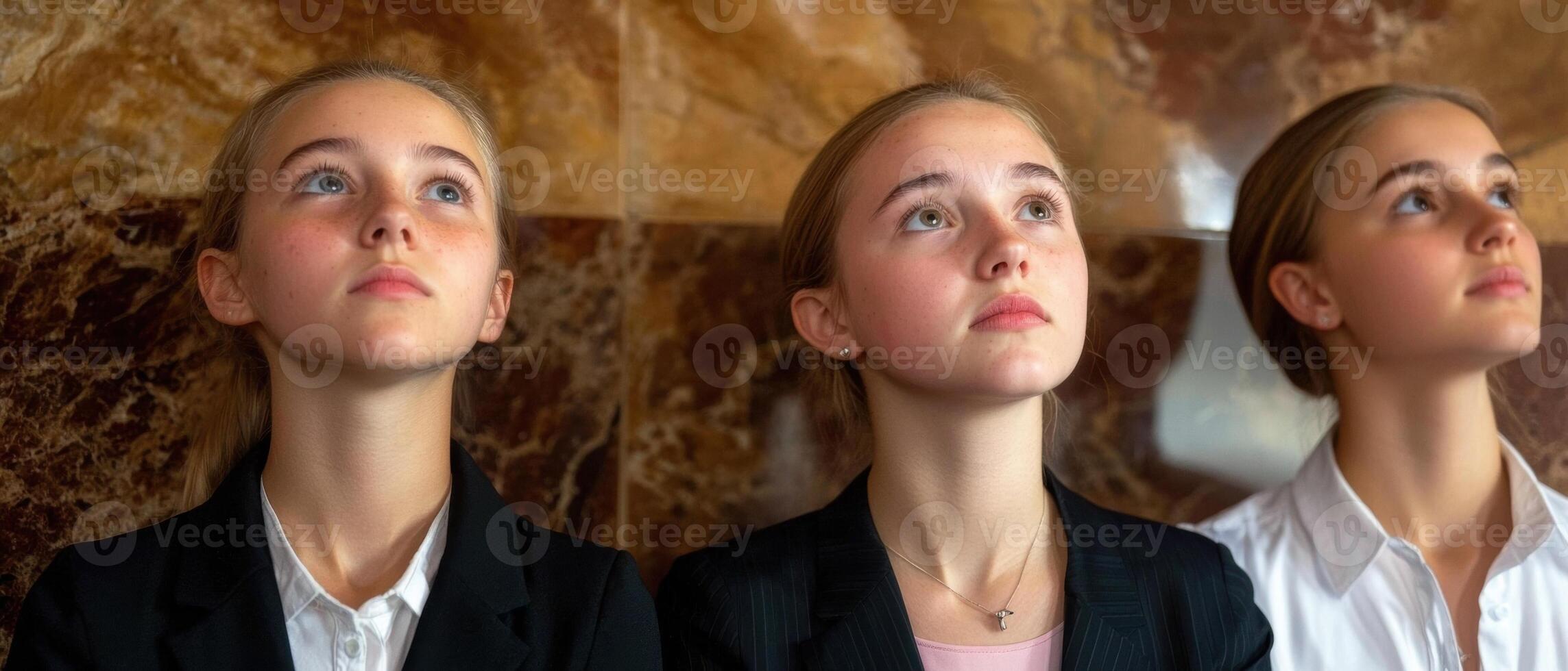Three girls in suits looking up photo