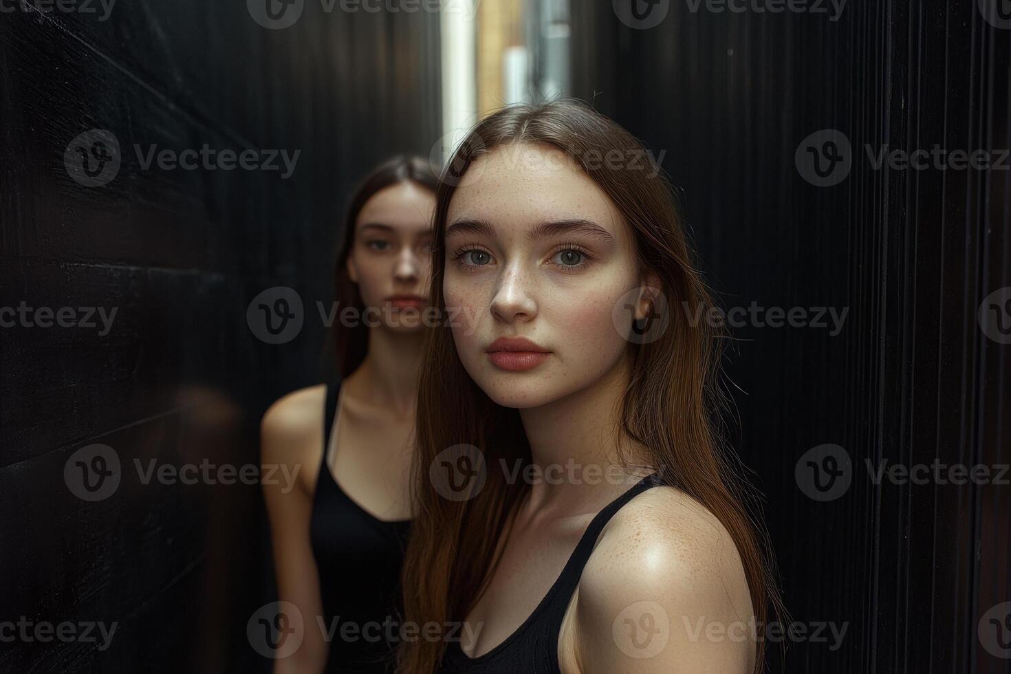 Two young women stand in a dark alleyway, one looking directly at the camera photo