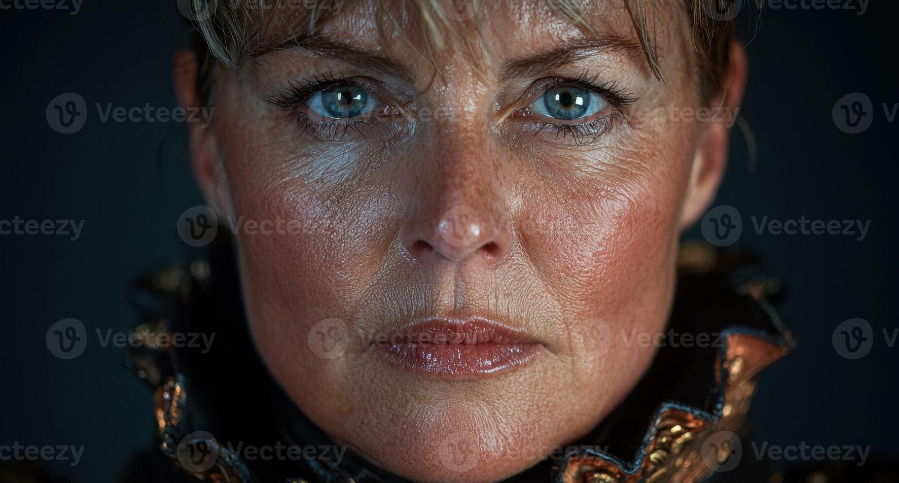 Close up portrait of a woman with intense blue eyes photo