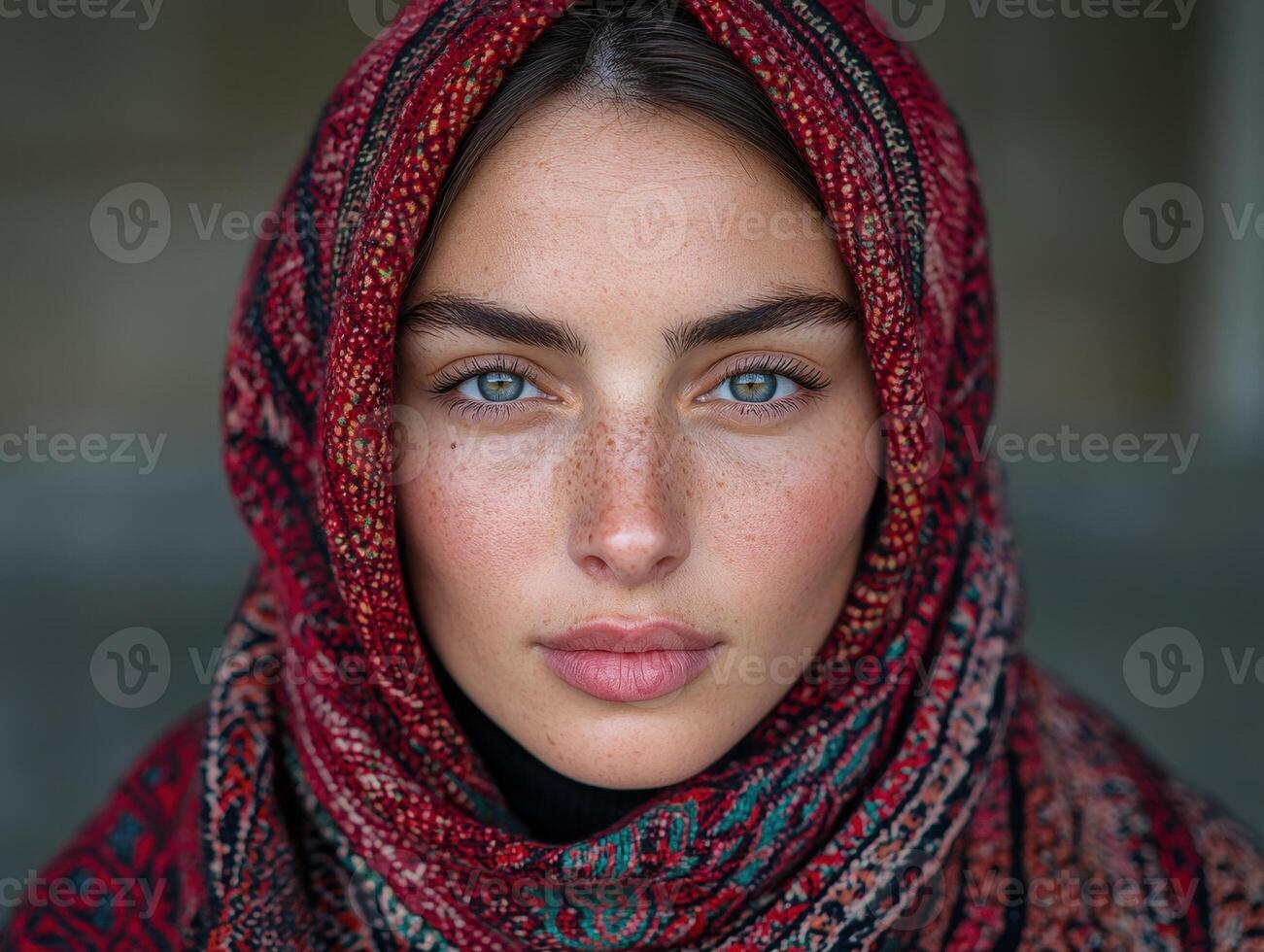 Close up portrait of a woman with freckles wearing a red headscarf photo