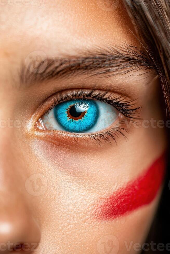 Close up of a womans eye with blue iris and red makeup photo