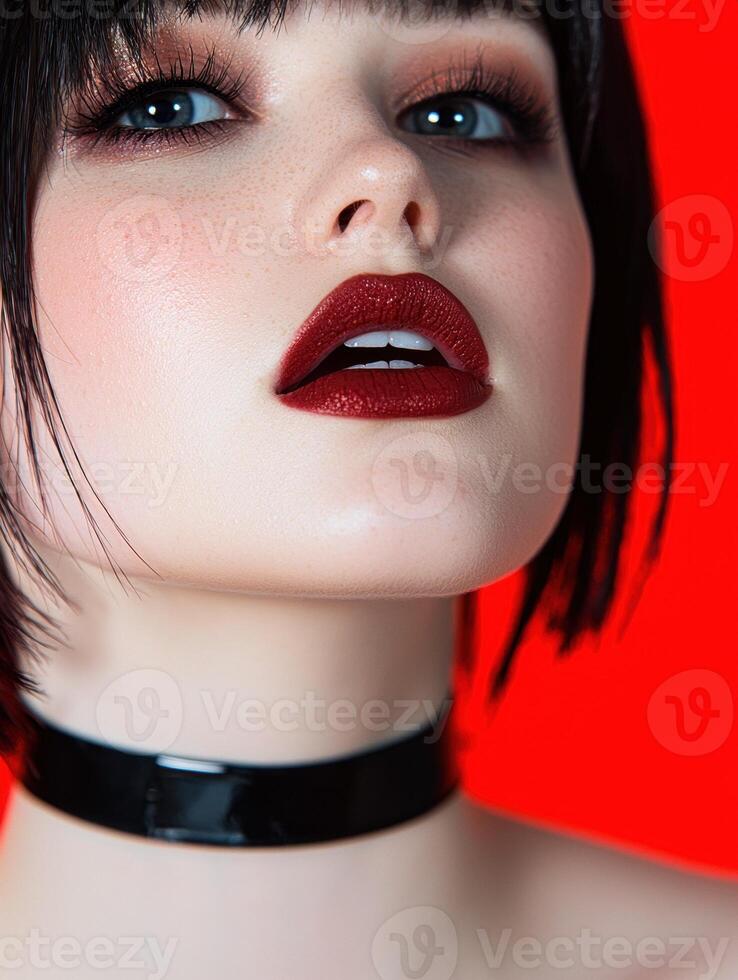 Closeup of a womans face with dark red lipstick and black choker photo