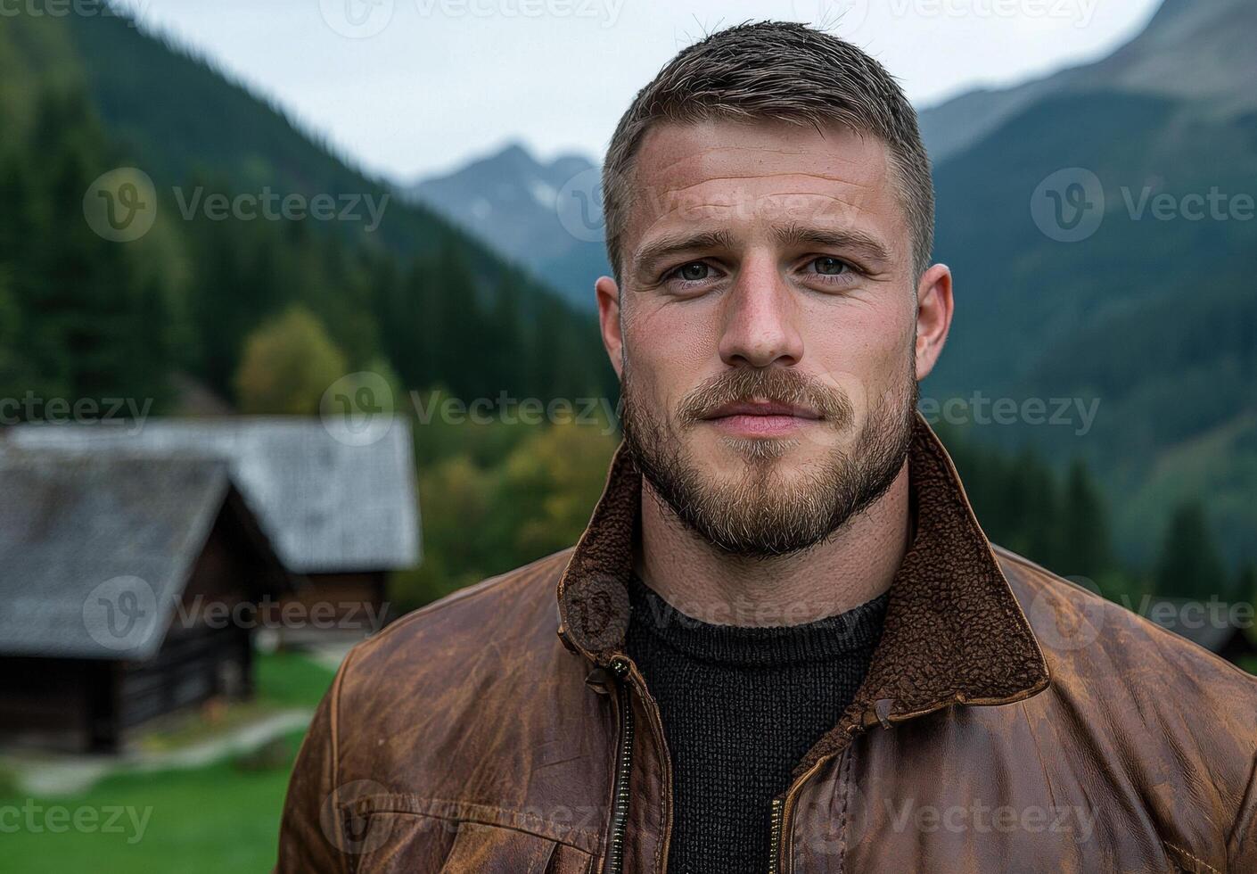 Handsome man with beard in brown leather jacket outdoors photo
