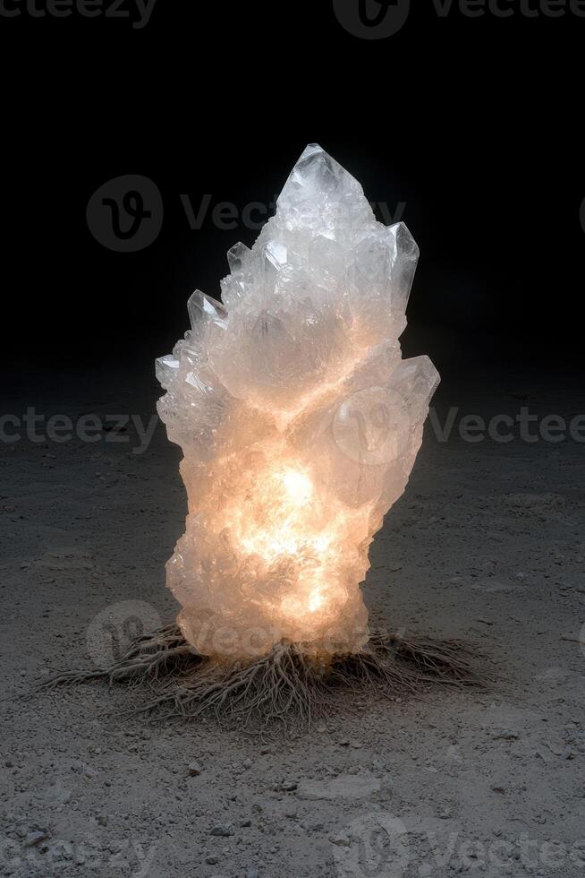Illuminated quartz crystal cluster on a dark surface photo