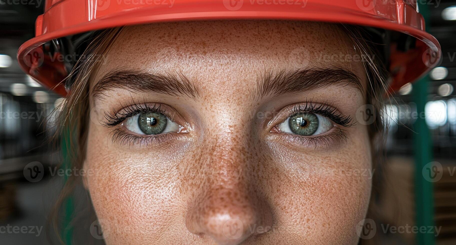 Close up of a womans eyes, wearing a hard hat photo