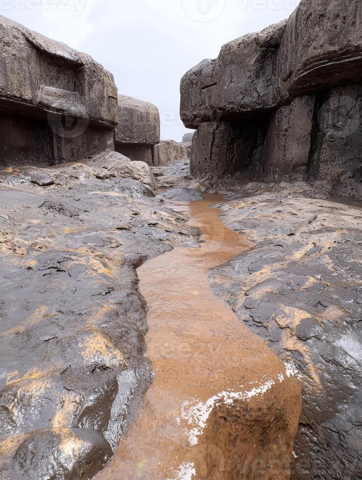 Muddy stream flows through a rocky canyon photo