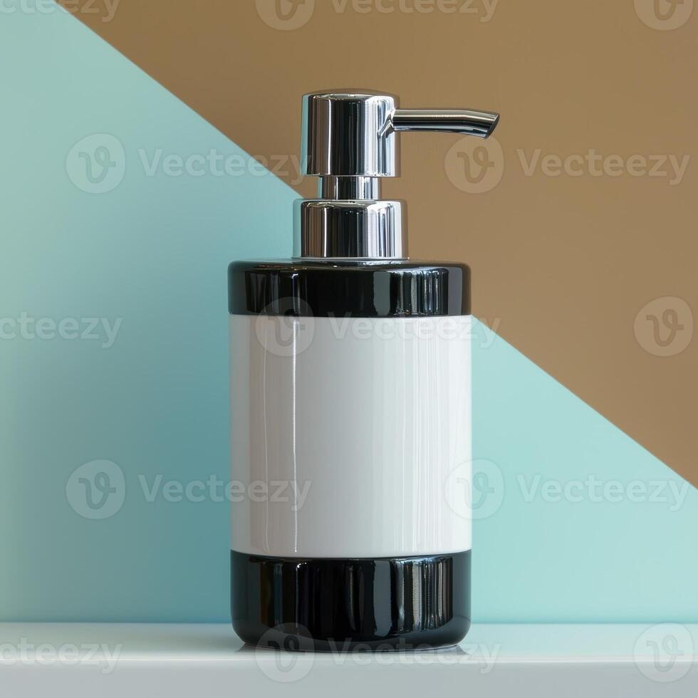 Modern black and white ceramic soap dispenser on a pastel background photo