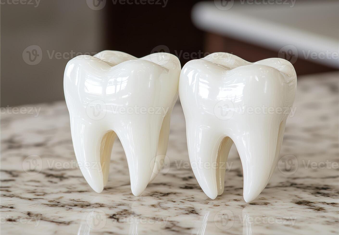 Two realistic white teeth models on a marble surface photo