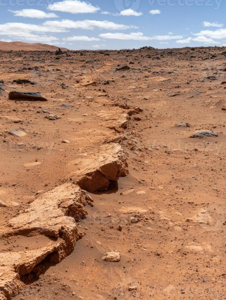 A crack in the desert floor stretches across the landscape photo