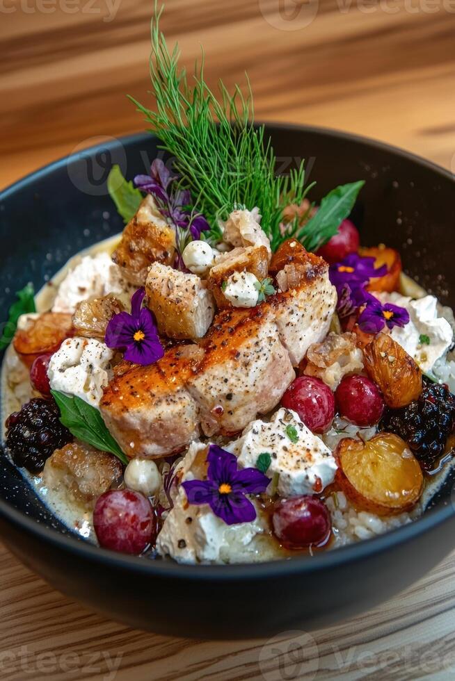 Delicious gourmet dish with roasted meat, creamy sauce, and fresh herbs photo