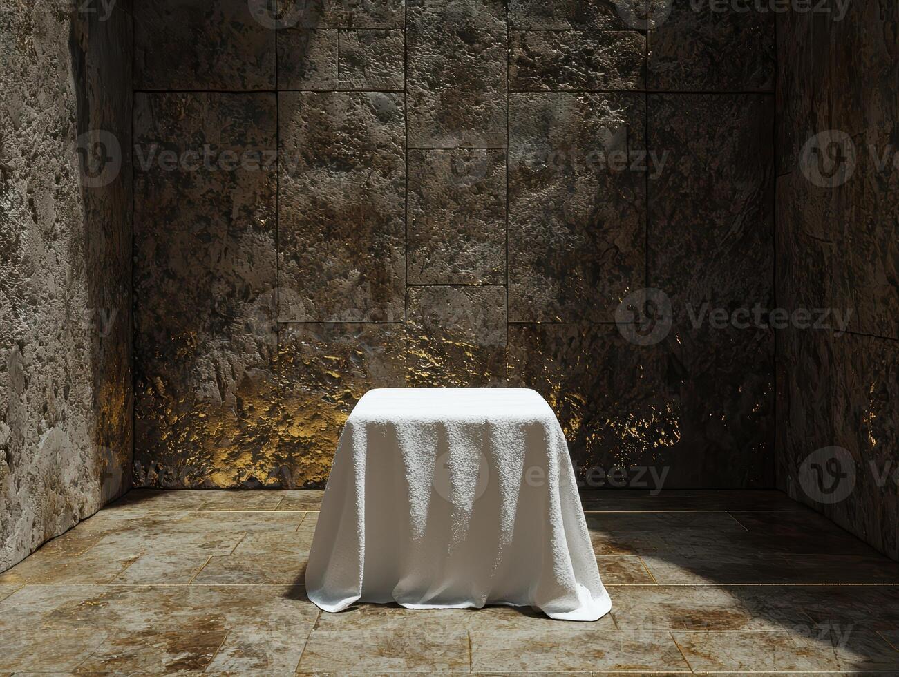 Empty square table with white tablecloth in a dark room photo