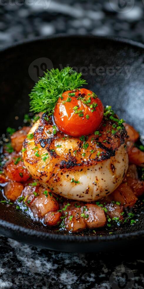 Seared scallops with blistered tomatoes and herb garnish photo