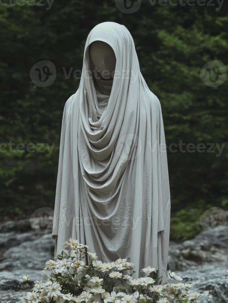 Gray draped fabric figure in front of a stream photo