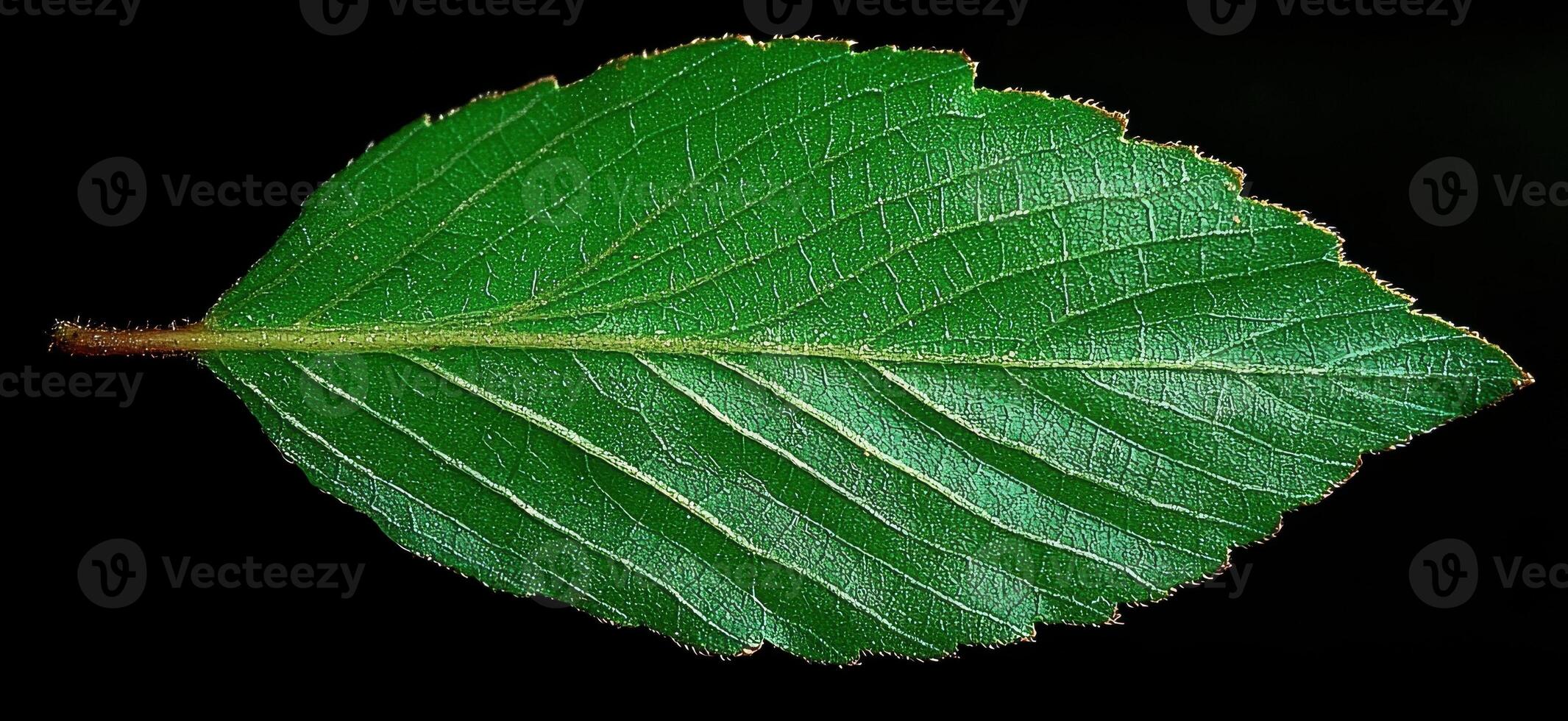 Close up of a vibrant green leaf with detailed veins against a black background. photo