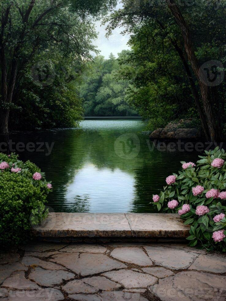 Serene landscape with stone steps leading to a calm lake reflecting the surrounding lush greenery photo