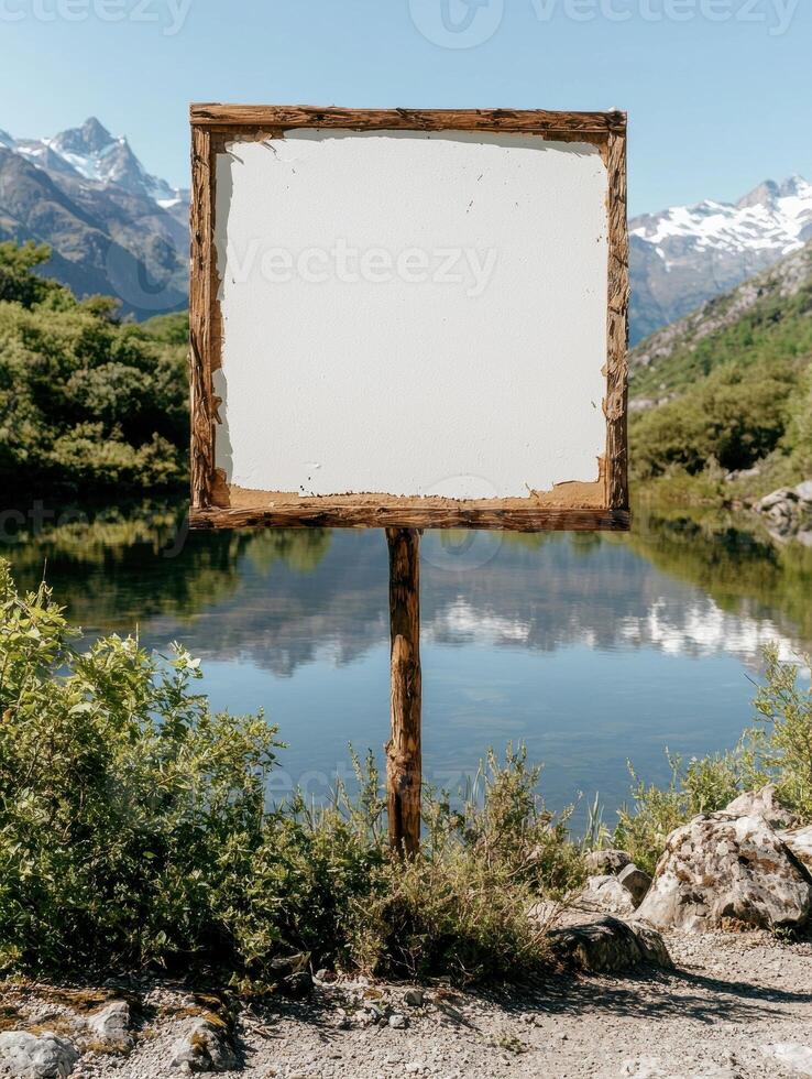 Blank wooden sign by a mountain lake photo
