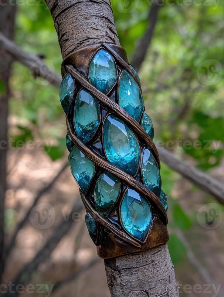 Teal gemstone and bronze walking stick handle photo