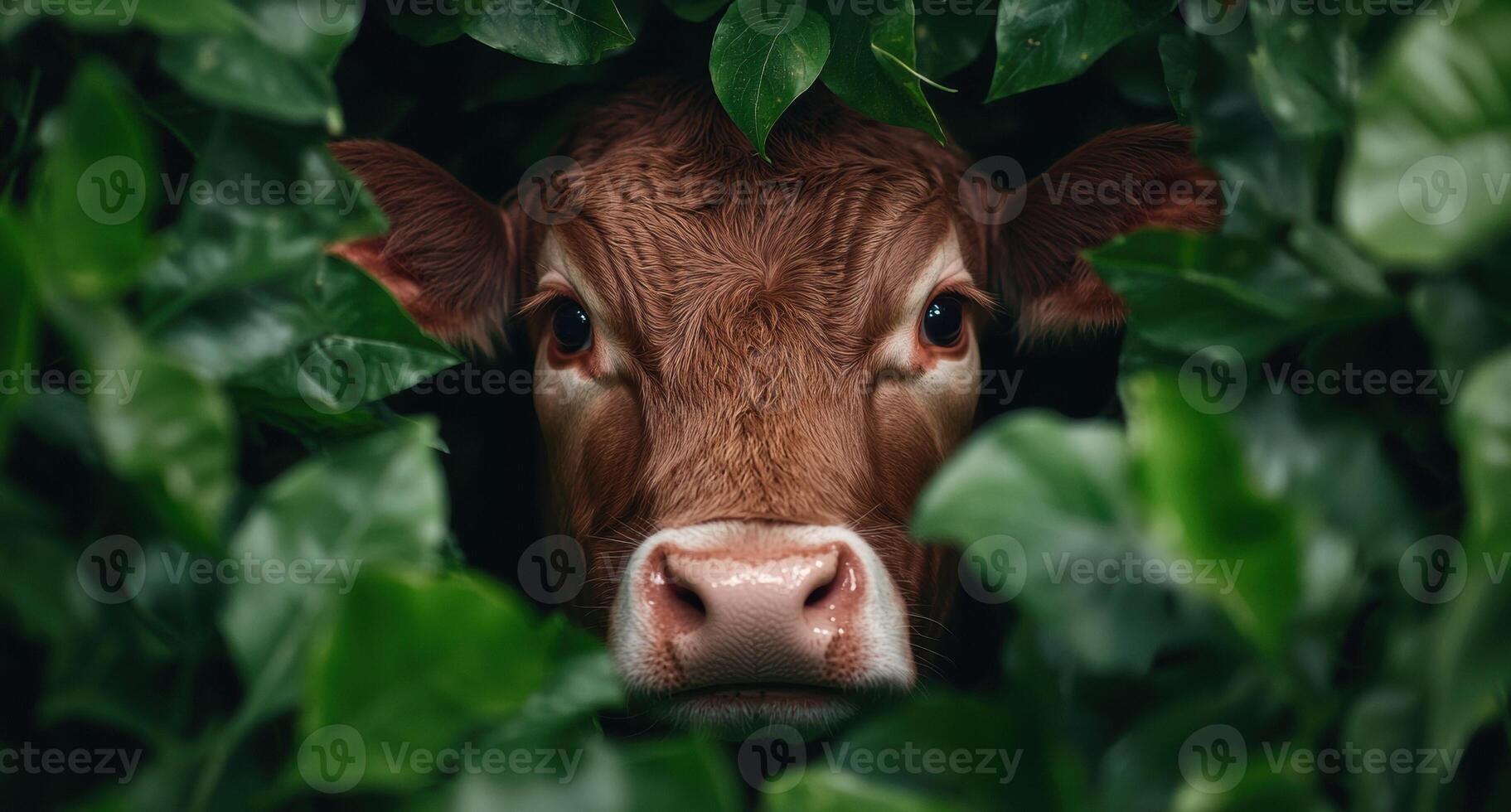Curious cow peeking through lush green leaves photo