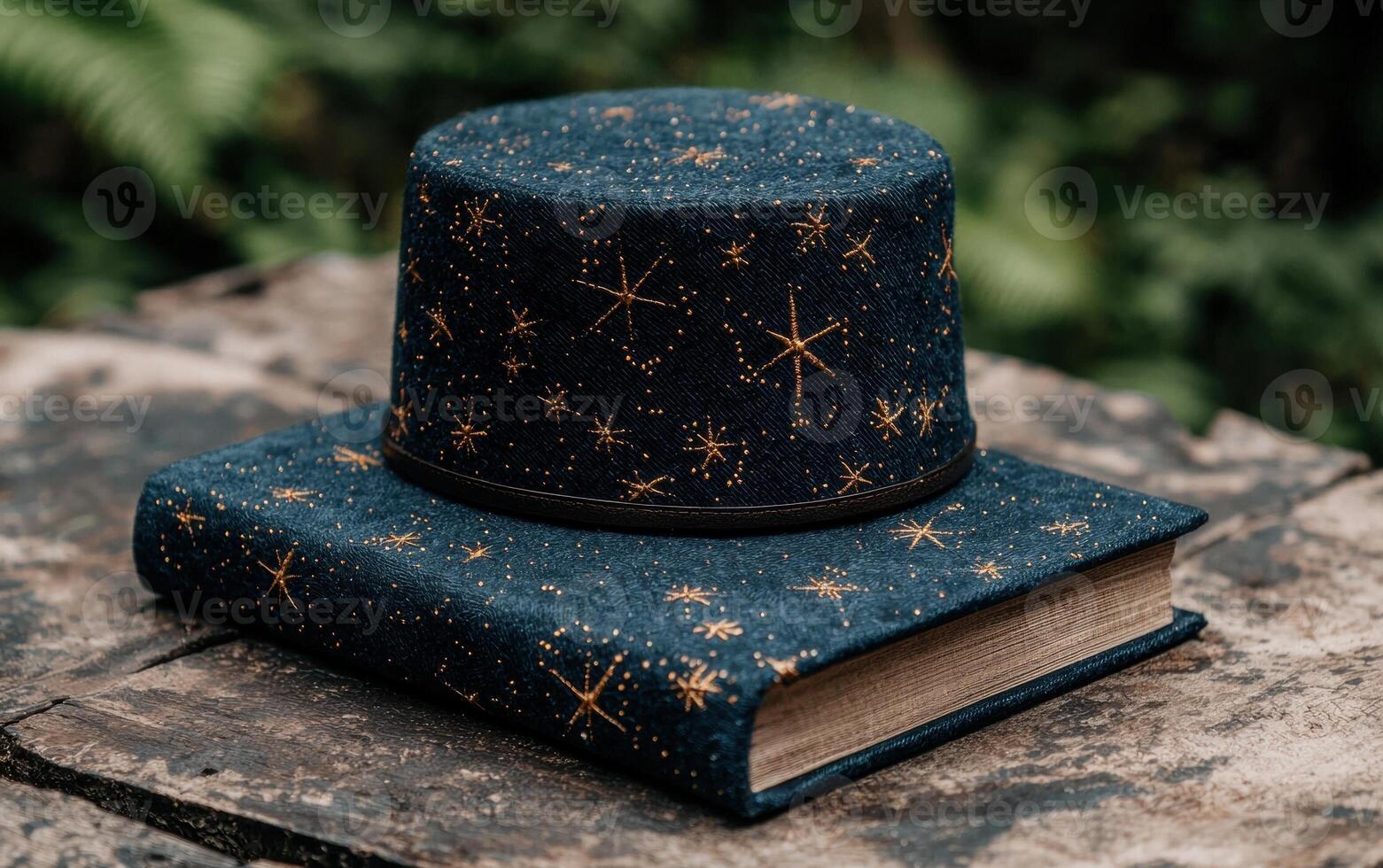 A navy blue hat with gold stars sits on a matching notebook photo