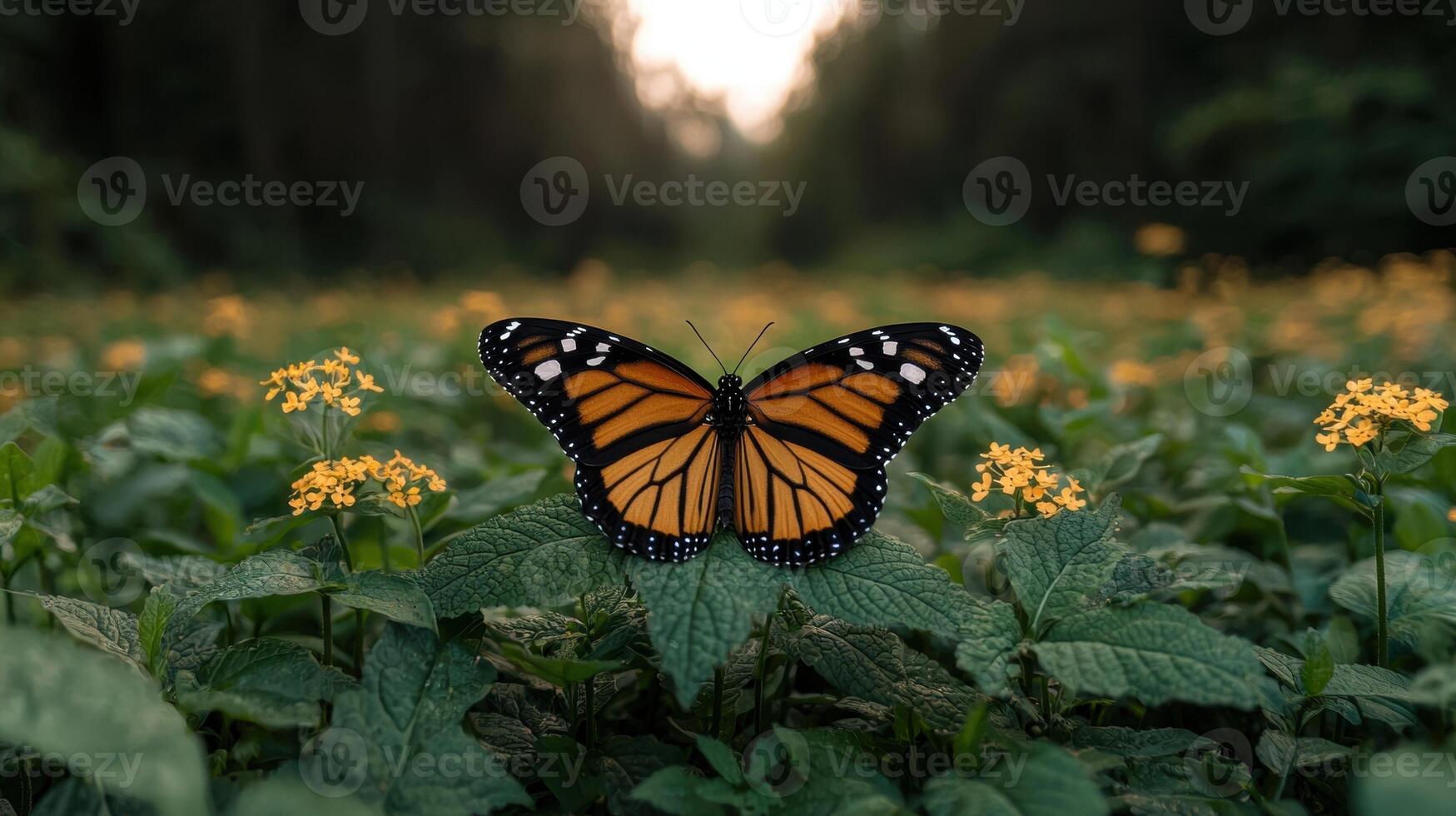 Monarch butterfly on a leaf in a field of yellow flowers photo