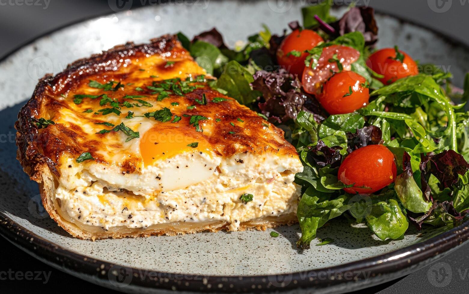 Delicious quiche with egg and salad on a plate photo