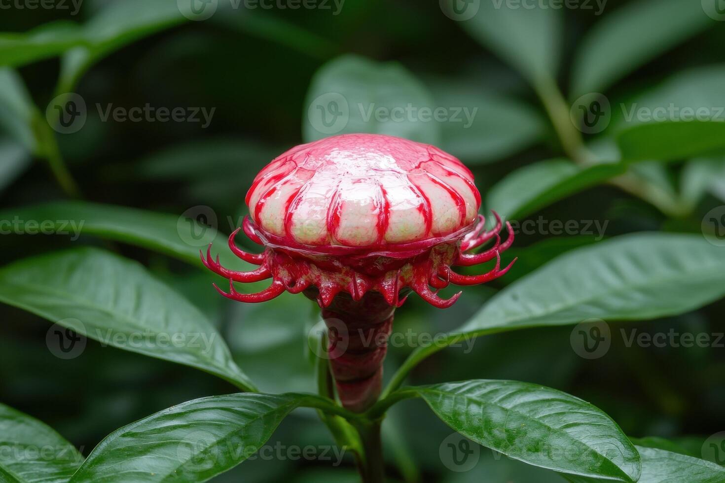 Closeup of a unique red and white flower with spiky petals photo