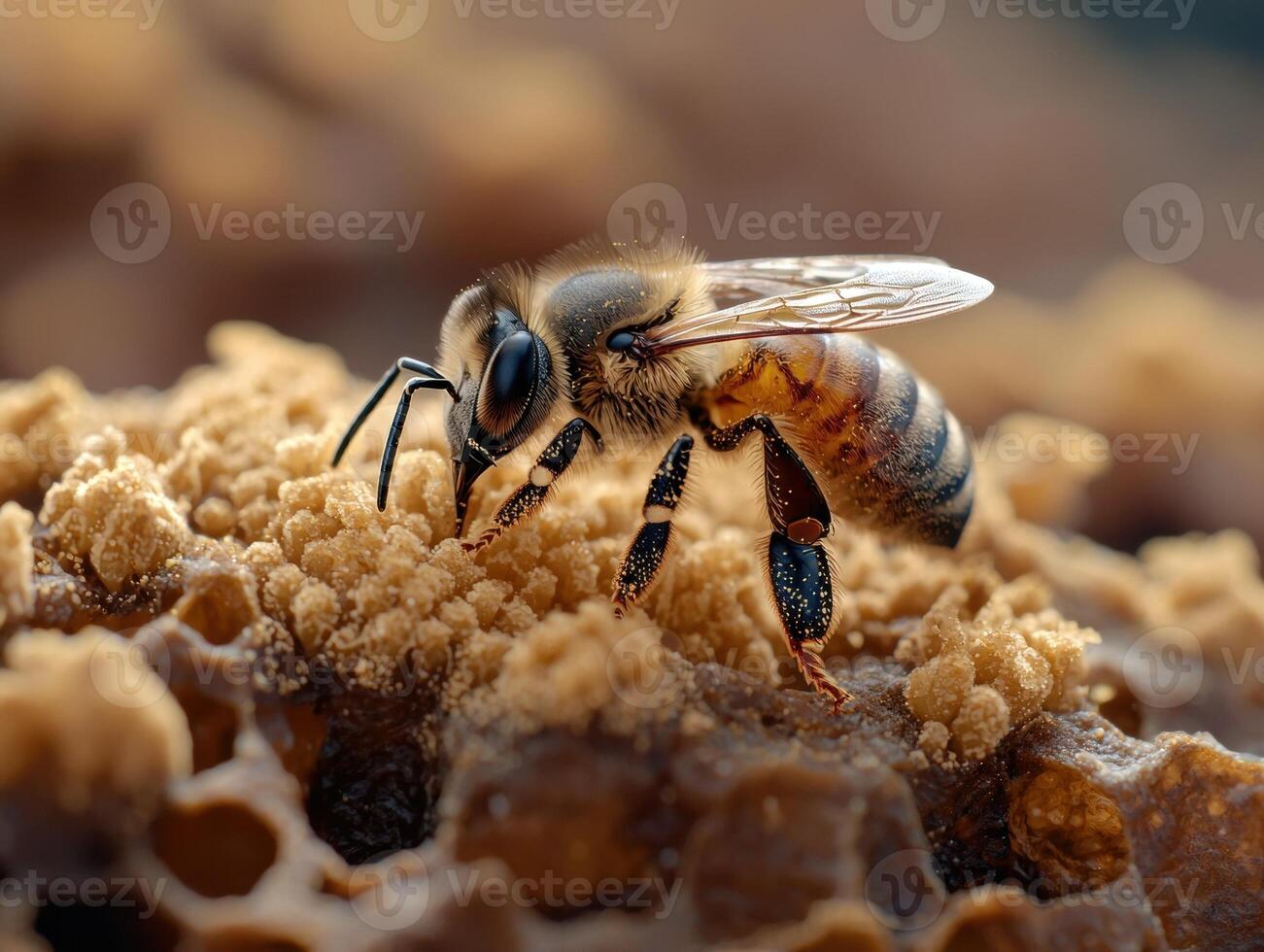 Close up of a honeybee on a honeycomb photo