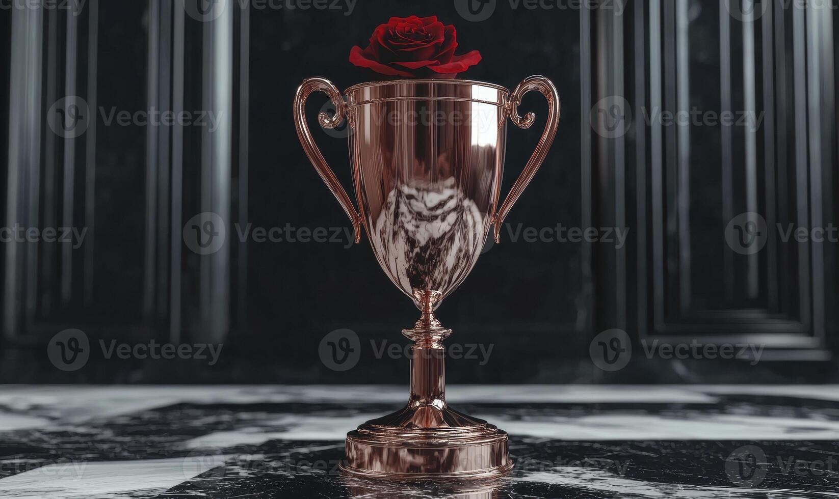 Rose in a copper trophy cup on a marble surface photo
