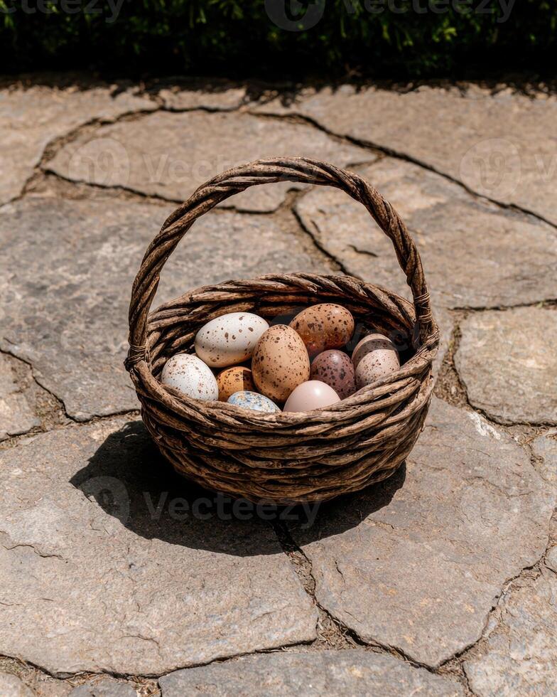 A rustic woven basket overflowing with speckled Easter eggs sits on a stone path photo