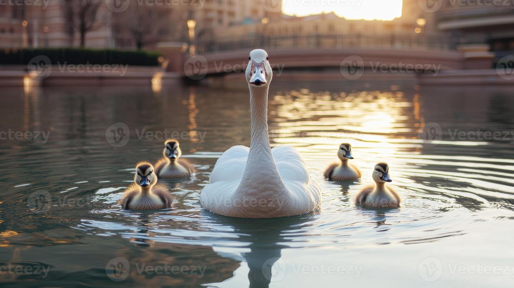 A swan and its ducklings swim peacefully on a calm lake at sunset photo