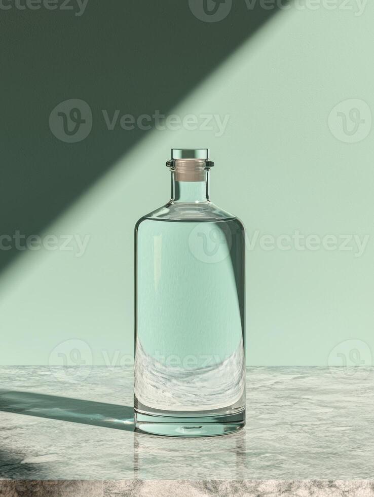 Glass bottle with cork stopper on marble surface photo