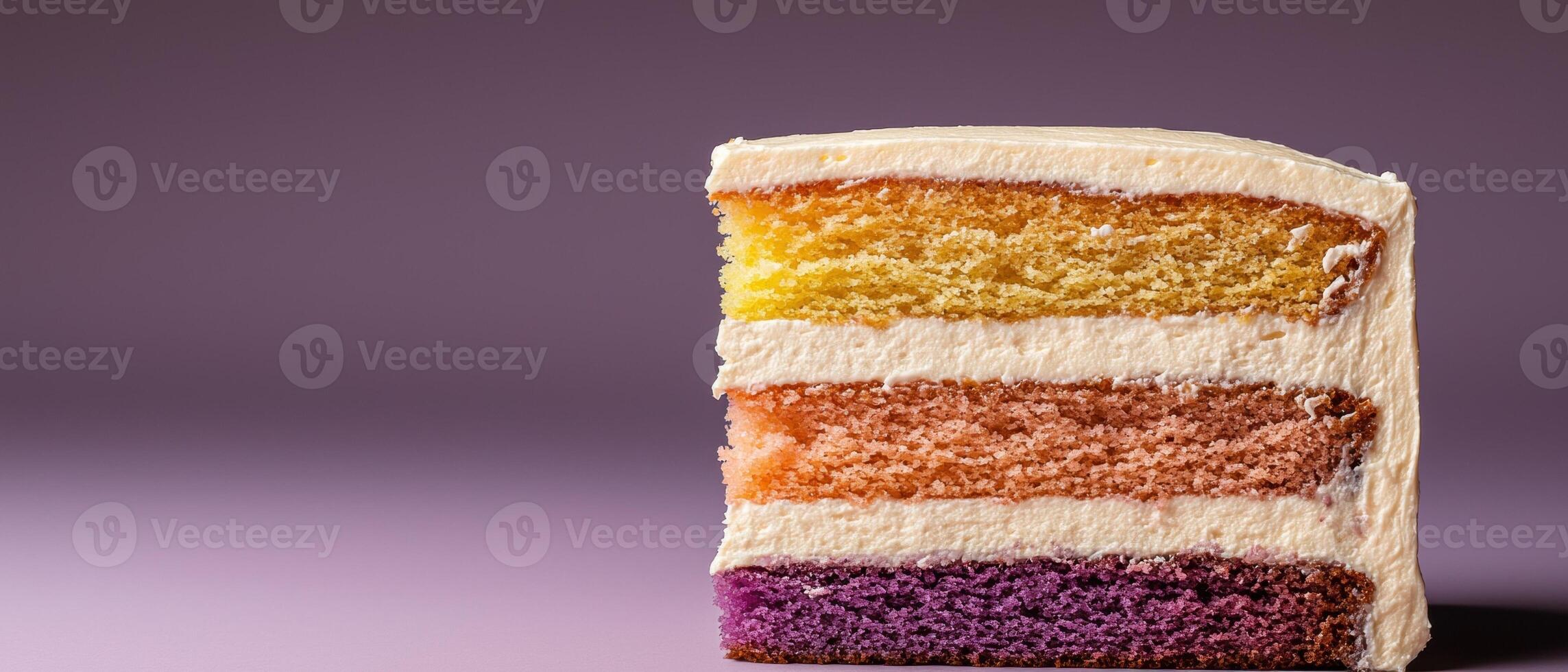 Rainbow layer cake slice with vanilla frosting photo