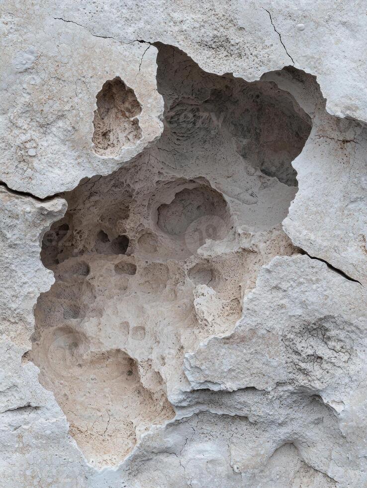 Close up of a weathered, porous rock surface with holes and cracks photo
