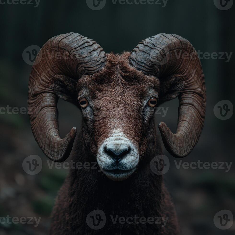 Majestic ram with large horns stares intensely at the camera photo