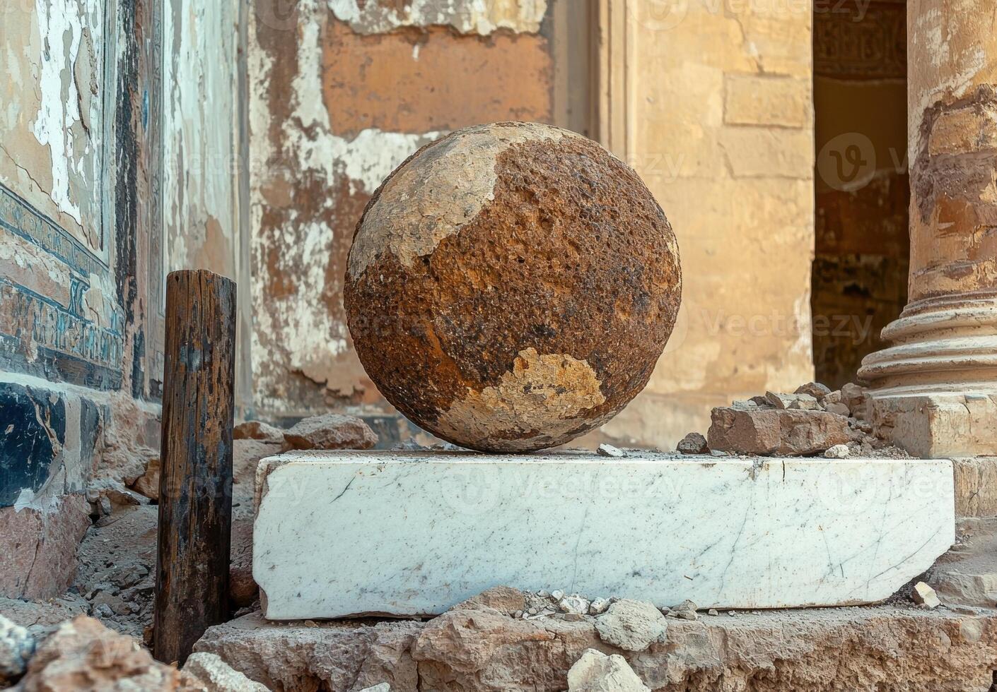 Ancient stone sphere rests on marble slab in ruins photo