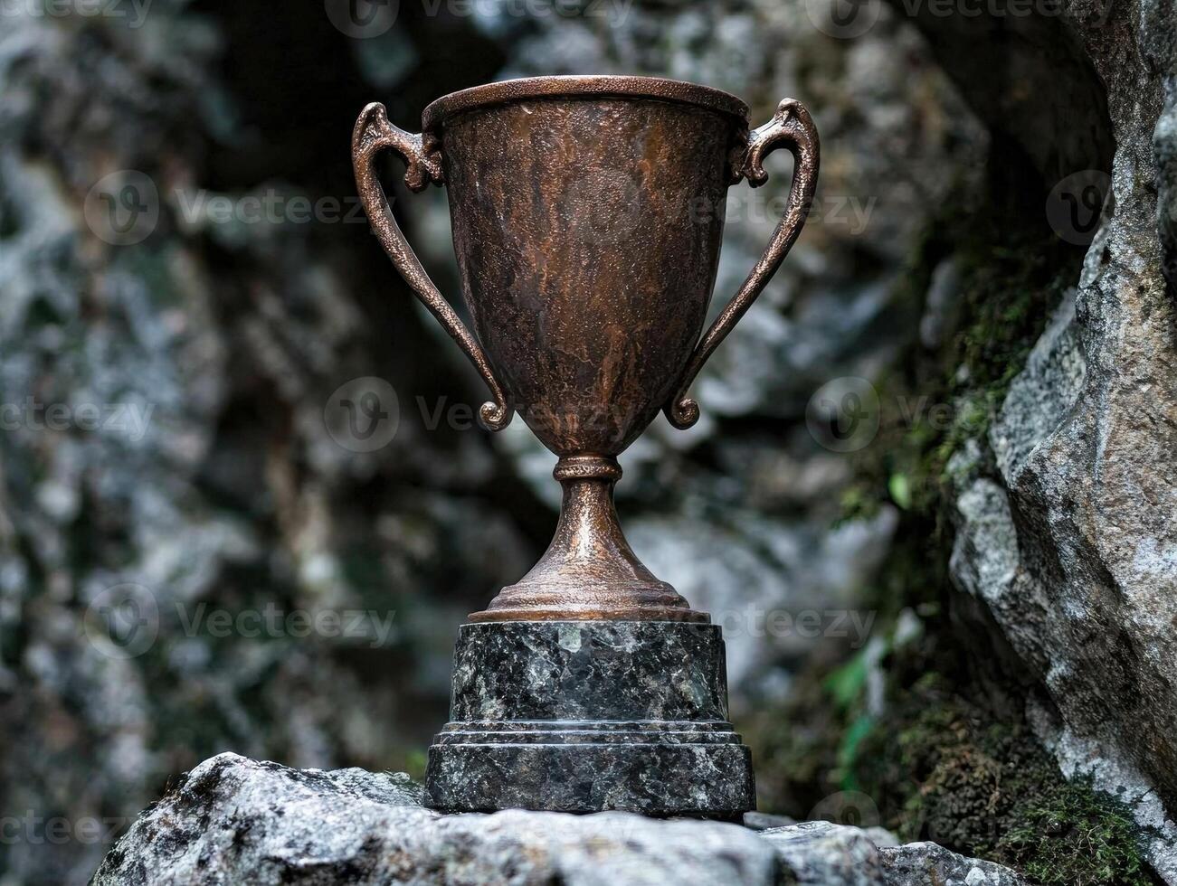 Bronze trophy on a rock in a forest photo